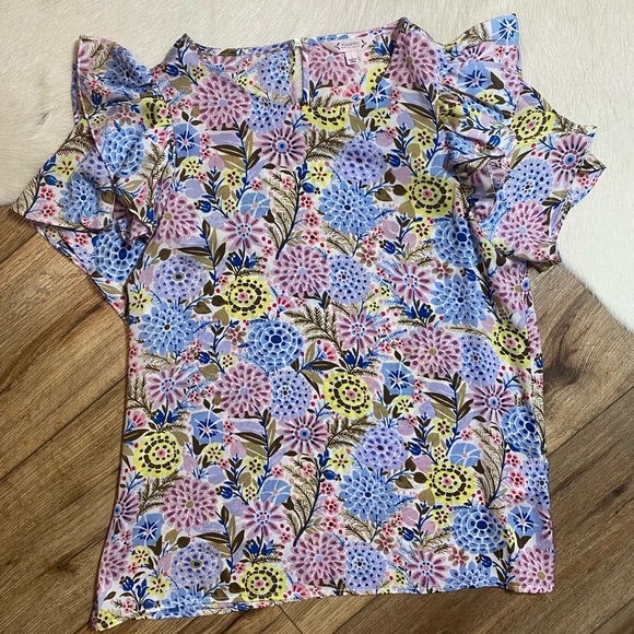 Nanette Lepore Women's Floral Multicolor Blue Flutter Sleeve Blouse - Picture 2 of 8